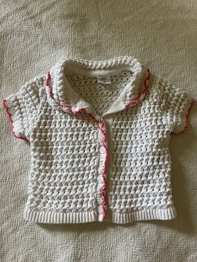 GAP White Open-Knit Short-Sleeve Cardigan with Coral Trim